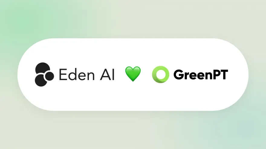 The Eden AI logo next to the GreenPT logo, joined by a green heart, in a white pill on a soft green background.