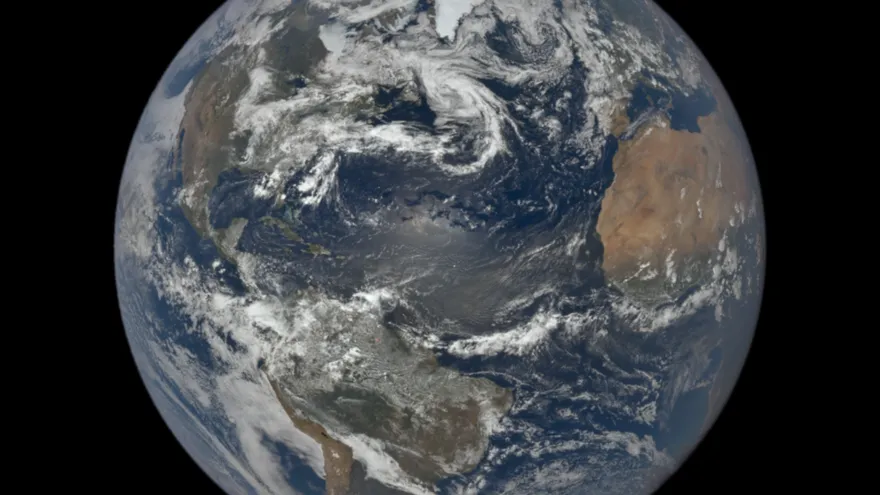 Earth seen across the Atlantic, with North America on the left and Europe on the right, photographed by NASA’s DSCOVR EPIC camera.