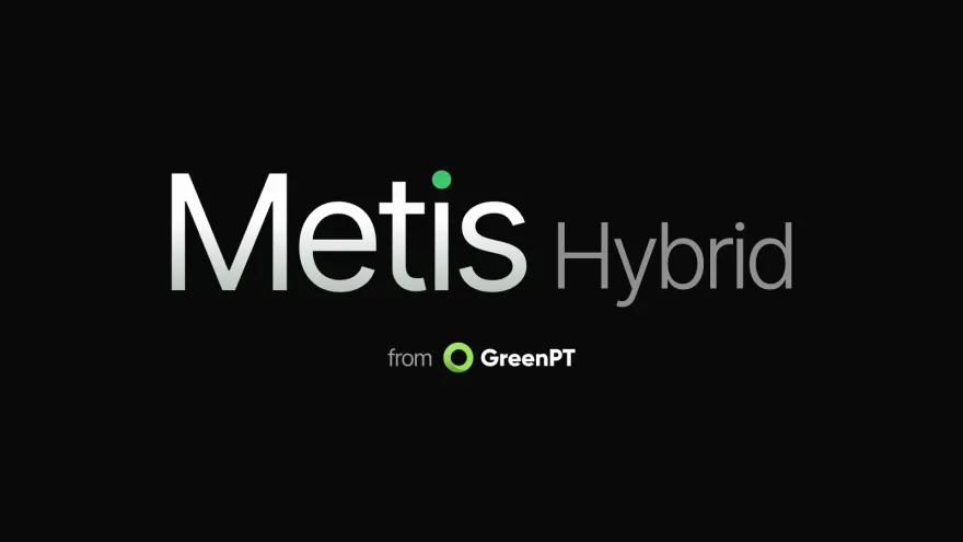 The Metis wordmark in white on black, with a green dot on the i, followed by the word Hybrid in grey, above the line from GreenPT.
