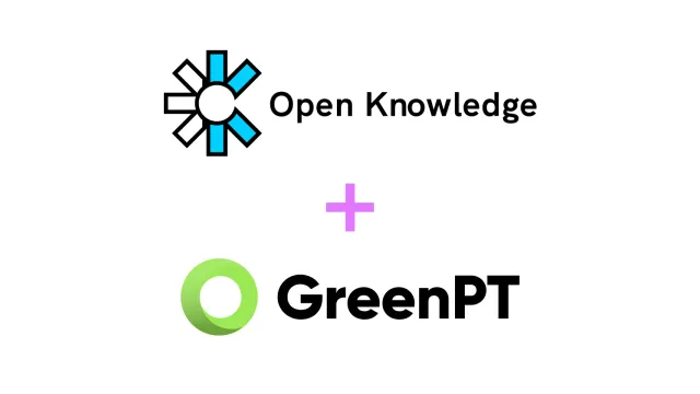 Het logo van Open Knowledge Foundation en het logo van GreenPT, verbonden door een plusteken, als markering van de samenwerking tussen beide organisaties.