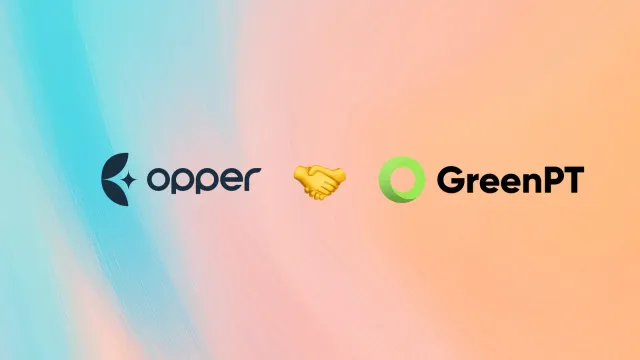 Het logo van Opper AI en het logo van GreenPT naast elkaar met een handdruk ertussen, op een pastelkleurige verloopachtergrond.